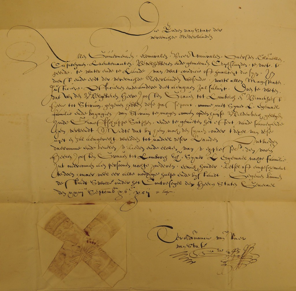 Paspoort voor graaf Joost van Limburg Stirum, d.d. 23 september 1592, verleend door de Raad van State, met het contrazegel van de Staten-Generaal (?) (Nationaal Archief, Coll. van Limburg Stirum, inv.nr. LN 111)