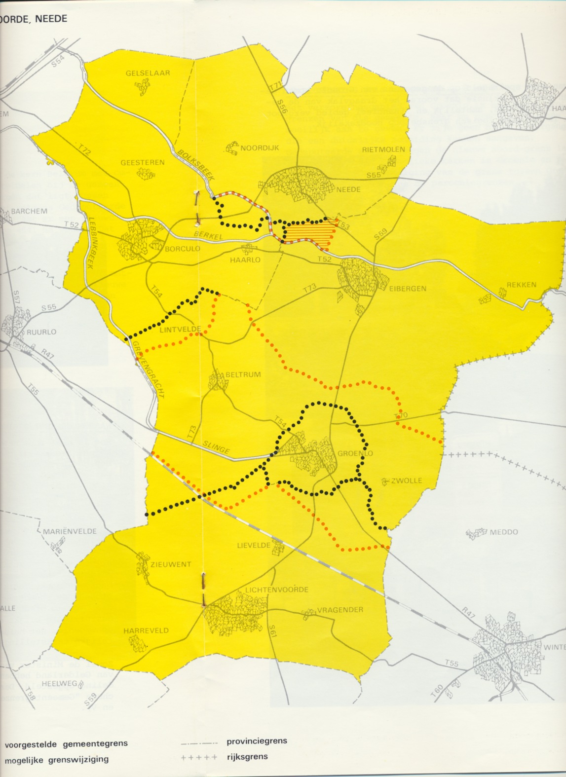 Het provinciale voorstel voor de grenswijzigingen, 1981. Rode stippellijn: voorgestelde gemeentegrens.