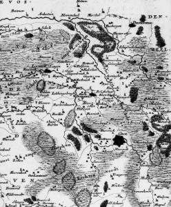 Detail van een kaart van de provincie Gelderland uit 1700. De kaart bevat veel details. o.a. worden de adellijke huizen en de gerechtsplaatsen vermeld.