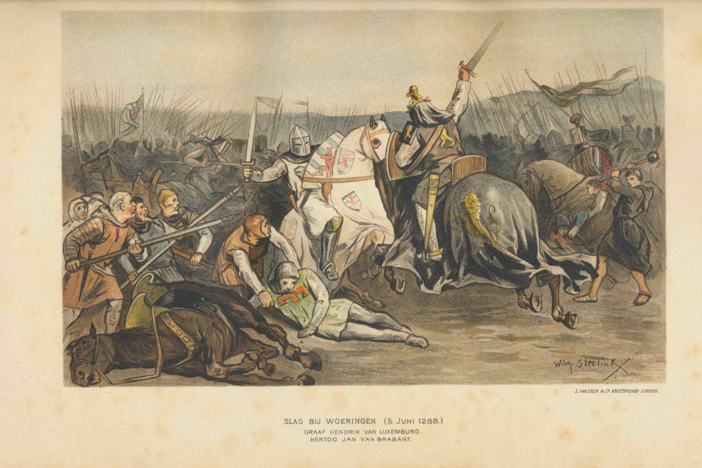 Verbeelding van de Slag bij Worringen op 5 juni 1288. In die slag sneuvelde Hendrik van Borculo als bondgenoot van de graaf van Gelre (Dozy, Het leven van onze voorouders, dl. 2 (1890))