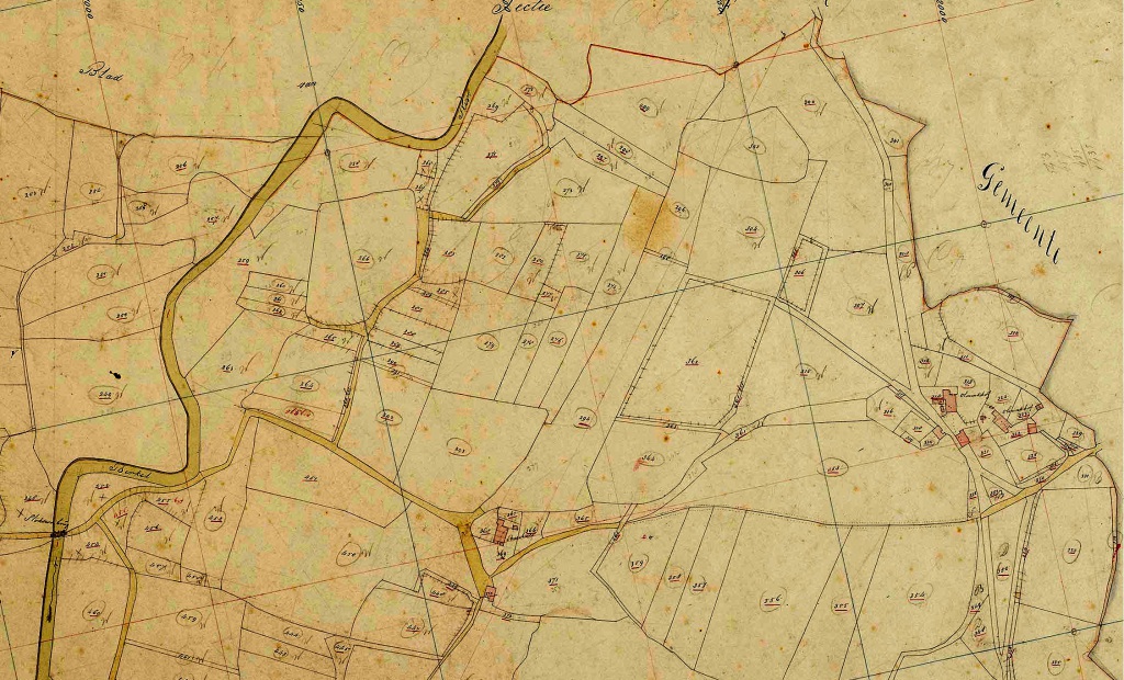 Kadastraal Minuutplan van het noordelijk deel van Olden Eibergen, uit 1828, met de erven Biezebeek en Olminkhof. Het noorden is rechts.