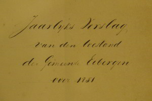 Het titelblad van het eerste gemeenteverslag van burgemeester Koentz over 1851