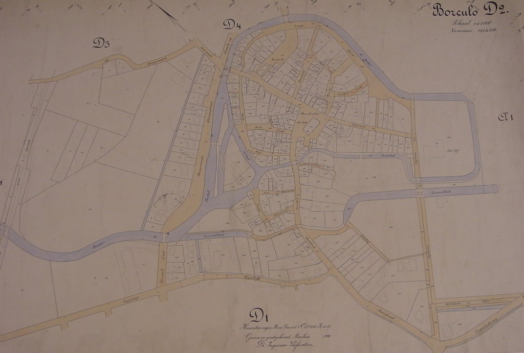 De kaart van de stad Borculo na de Stormramp van 1925. De ramp gaf aanleiding nieuwe rooilijnen vast te stellen, zodat de stad ook voor het moderne verkeer beter passeerbaar was. (Provincie Gelderland)
