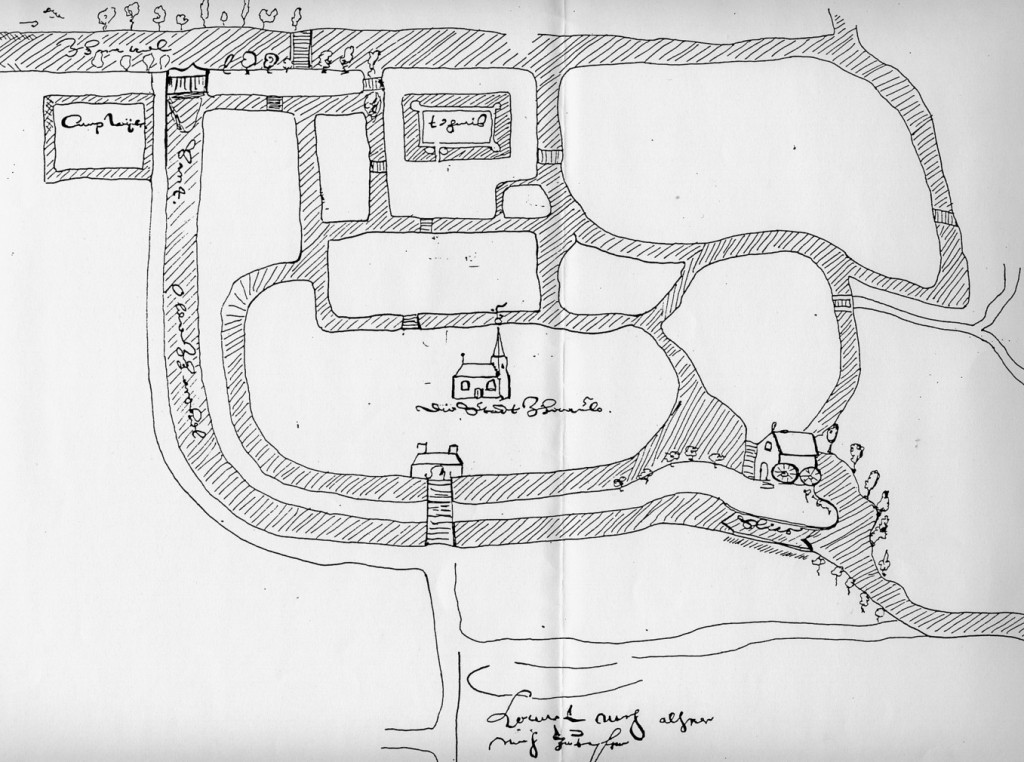 Plattegrond van de waterlopen in en om de stad en het kasteel Borculo, ca. 1640. (Regionaal Archief Zutphen)