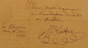 Handtekening van Willem Sluiter onder het gedicht van 14 juni 1670 aan dominee N. Versteeg. (Gelders Archief, Huis Enghuizen, 0389, 281)