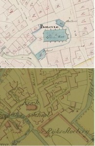 Detail kadastrale situaties centrum Borculo 1828 en 1845. Op de kaart van 1828 is de positie van het stadhuisje ten opzichte van de kerk goed te zien. In 1845 bestond het pand niet meer, maar is de aanbouw aan de kerk niet zichtbaar.
