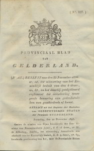 Provinciaal Blad van Gelderland. Besluit van gedeputeerde staten d.d. 22 november 1845, 'ter verzeekering eener goede bewaring van gedenkstukken van geschiedenis of kunst'. 