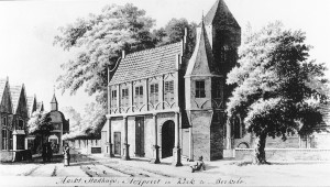 Het stadhuisje van Borculo bij de Joriskerk. Hier werden de archieven eeuwenlang bewaard tot de afbraak in 1842.