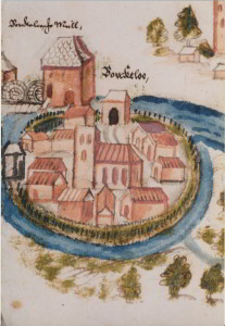 Het wigbold Borckeloe op een Münsterse Berkelkaart uit de periode 1580-1615. Het kasteel ontbreekt. De kerktoren heeft geen dak. Twee poorten, de stadswal is voorzien van een palissade. Ook het molencomplex is afgebeeld (FSSA Anholt)