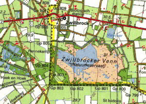 Het Zwillbrocker Venn, detail van een topografische kaart, ca. 1990. De hier verder te bespreken grenssteen heeft nu het nummer 800A, maar op deze kaart nog het nummer 800.   