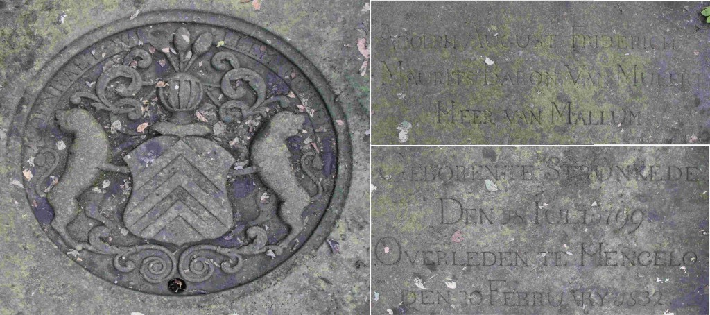 De belangrijkste onderdelen van de grafsteen van baron A.A.F.M. von Mulert, bijgenaamd de 'Champagnebaron' en 'Dolle baron', bij elkaar gezet. Het wapen is door de bewerking wat vertekend.