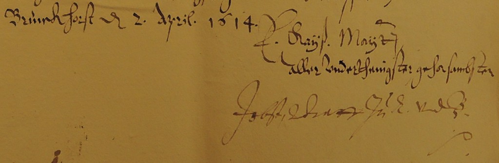 De handtekening van graaf Joost van Limburg Stirum onder zijn brief aan de Duitse keizer, 2 april 1614. Het zal duidelijk zijn, dat de graaf in deze brief nergens de titel 'heer van Borculo' gebruikt. Het hing er maar vanaf aan wie zijn brief gericht was. (NA, Coll. v. Limburg Stirum, inv.nr. LN240