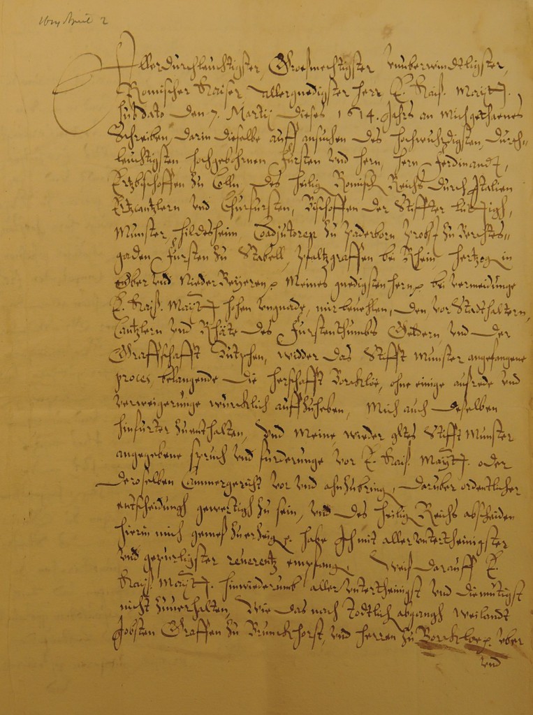 Eerste bladzijde van het antwoord van graaf Joost van Limburg Stirum aan de Duitse keizer over het 'Borculose' proces voor het Hof van Gelderland, 2 april 1614 (NA, Coll. v. Limburg Stirum, inv.nr. LN240)