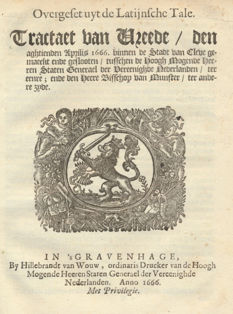 Voorzijde van het gedrukte Tractaat van Kleef, gesloten op 18 april 1666, waarmee een eind kwam aan de Eerste Munsterse Oorlog.