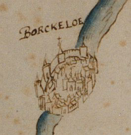 De stad Borculo op een kaart van de Oost-Nederlandse rivieren, eind 16de eeuw. Borculo is hier afgebeeld als een fantasiestad, compleet met muren en veel verdedigingstorens of poorten. De enig belangrijke poort was echter de Geesterse Poort, die heeft gestaan bij het huidige Kristalmuseum. Muren heeft de stad nooit gehad, alleen wallen met daarop (houten) staketsels of hekken. (Stadsarchief Deventer)