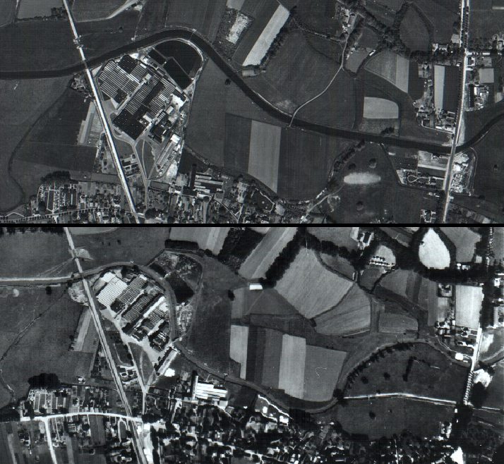 Details uit luchtfoto's van Eibergen, 1950 (boven) en 1934 (onder). Op de bovenste foto is de eerste omlegging te zien, op de onderste foto is de oude loop te volgen, met de latere verlenging van de Ramsbeek over de Maat.