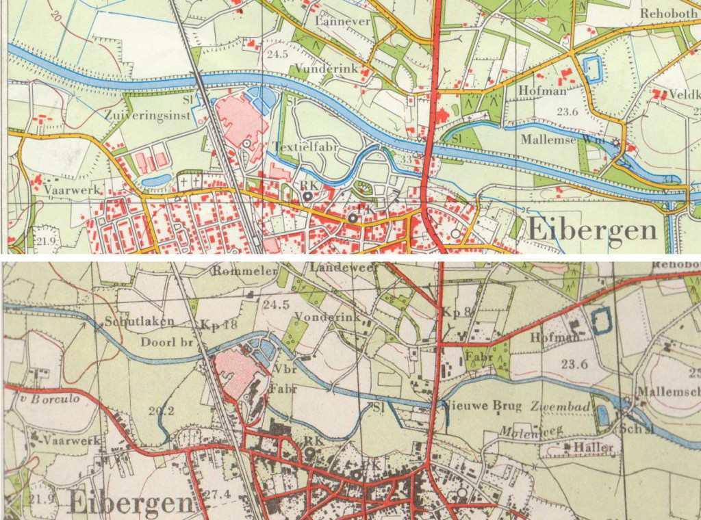 Details uit topografische kaarten van Eibergen, 1974 (boven) en 1935 (onder).