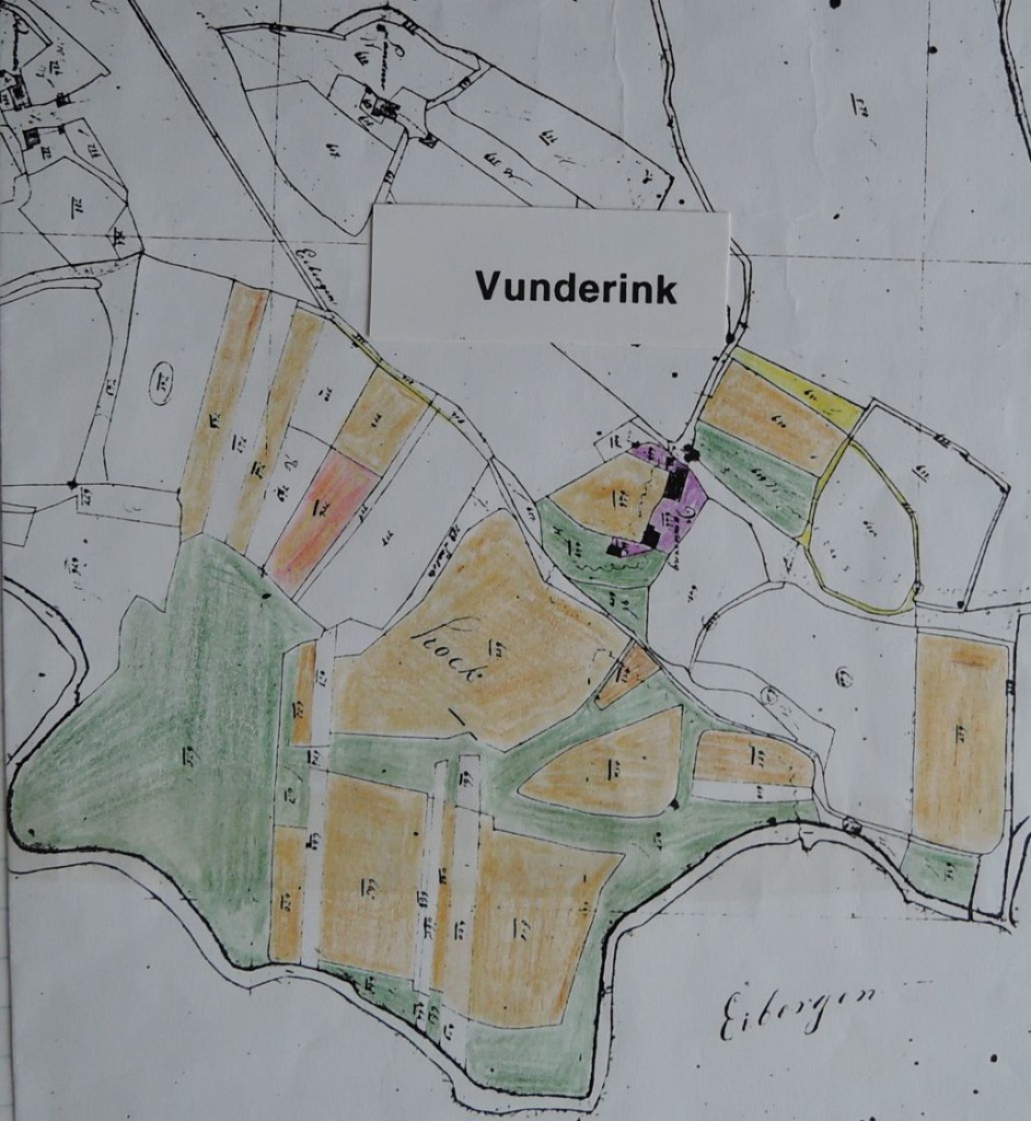De landerijen behorend bij het erve Vunderink, volgens het kadastraal minuutplan van 1828. Groen = weiland; bruin-geel = bouw- of akkerland, paars= 't erve Vunderink. Baron van Mulert, heer van Mallem, was ook eigenaar van 't Vunderink. Het overgrote deel van de huidige Nieuwe Maat behoorde tot 't Vunderink en lag (dus) op Mallems grondgebied.