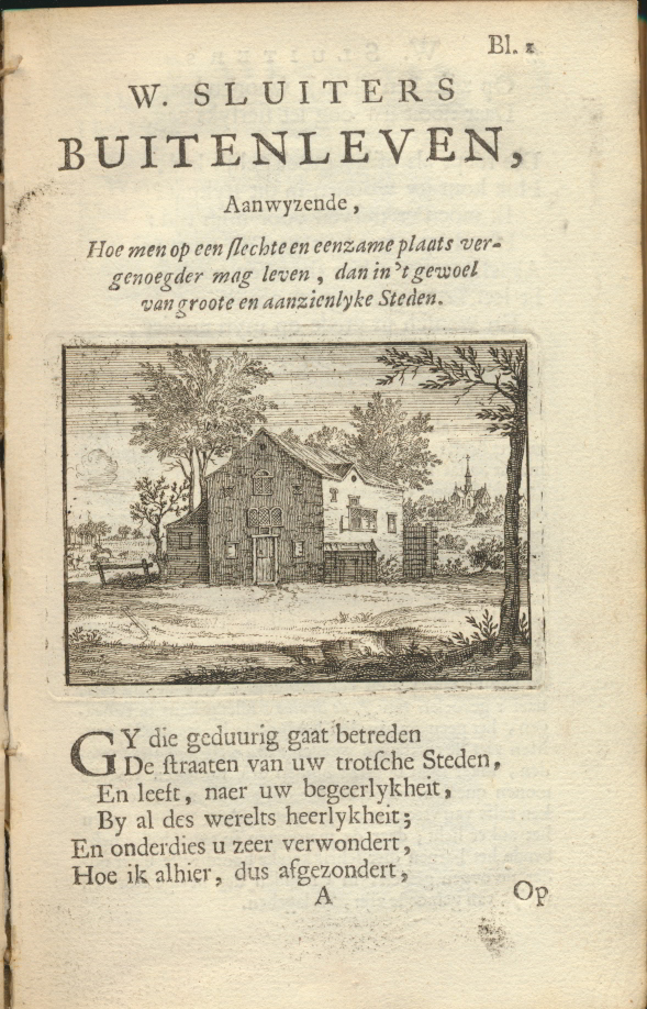 Blad uit Sluiters Buitenleven, 1717. De voorstelling is niet realistisch, maar geeft wel een beeld van de eenzaamheid waar Sluiter zo vaak over schreef. 