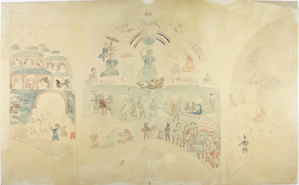 De muurschildering van het Laatste Oordeel in de gesloopte kerk van Neede, 1846. Waterverf op papier (Stedelijk Museum Zutphen, Topografisch-Historische Atlas Zutphen, inv.nr. P 00693a).