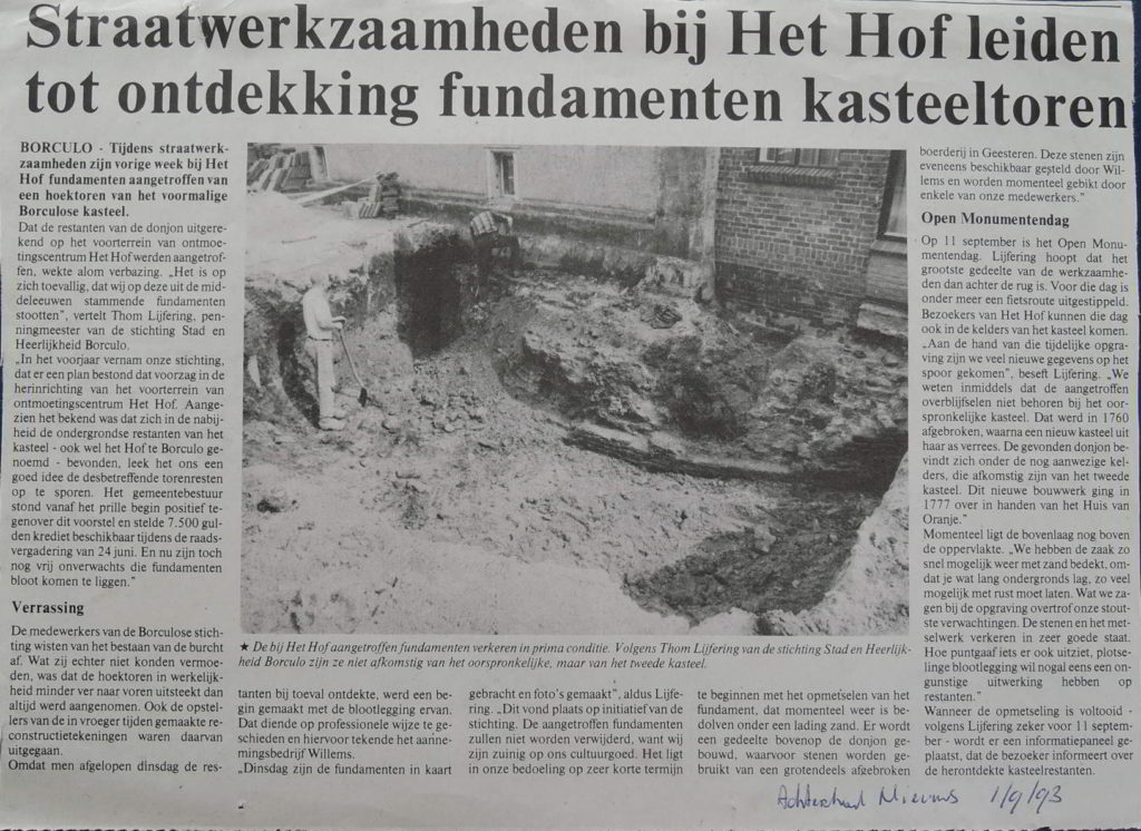 De opgraving van de donjon van het kasteel Borculo. Artikel in Achterhoek Nieuws van 1 september 1993. 