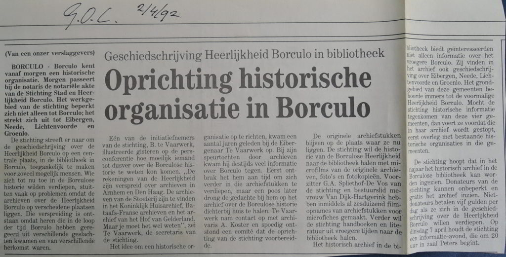 Artikel in de GOC van 2 april 1992 over de oprichting van de Stichting Stad en Heerlijkheid Borculo.