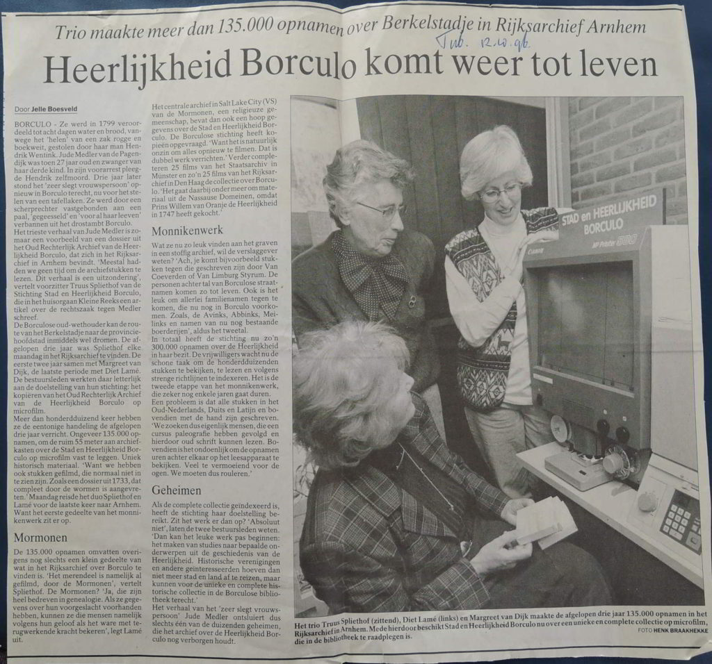 Een krantenartikel in de Tubantia besteedde in 1996 uitgebreid aandacht aan het verfilmingsproject. Het 'verfilmingstrio', met wijlen Truus Spliethof op de voorgrond.
